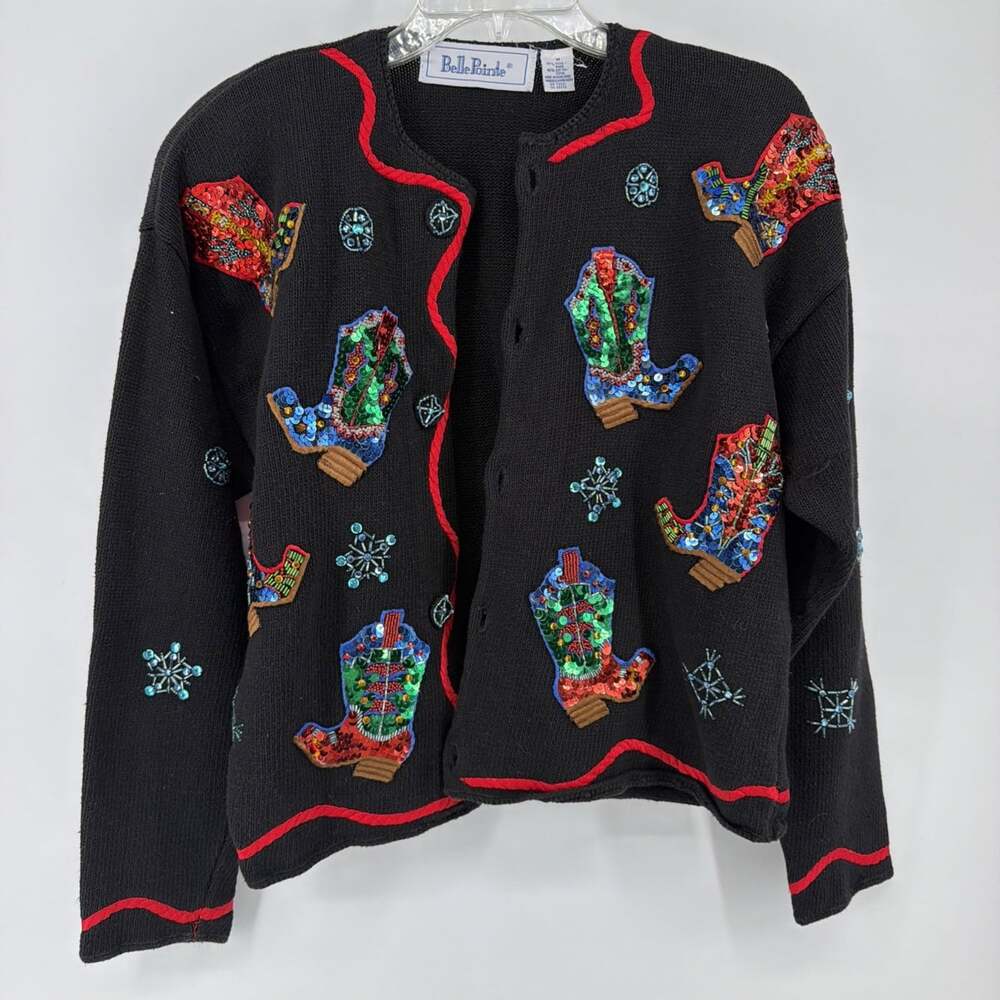 BellePoint Black Button Cardigan Sweater Sequin Cowboy Boots Beaded Size M Texas